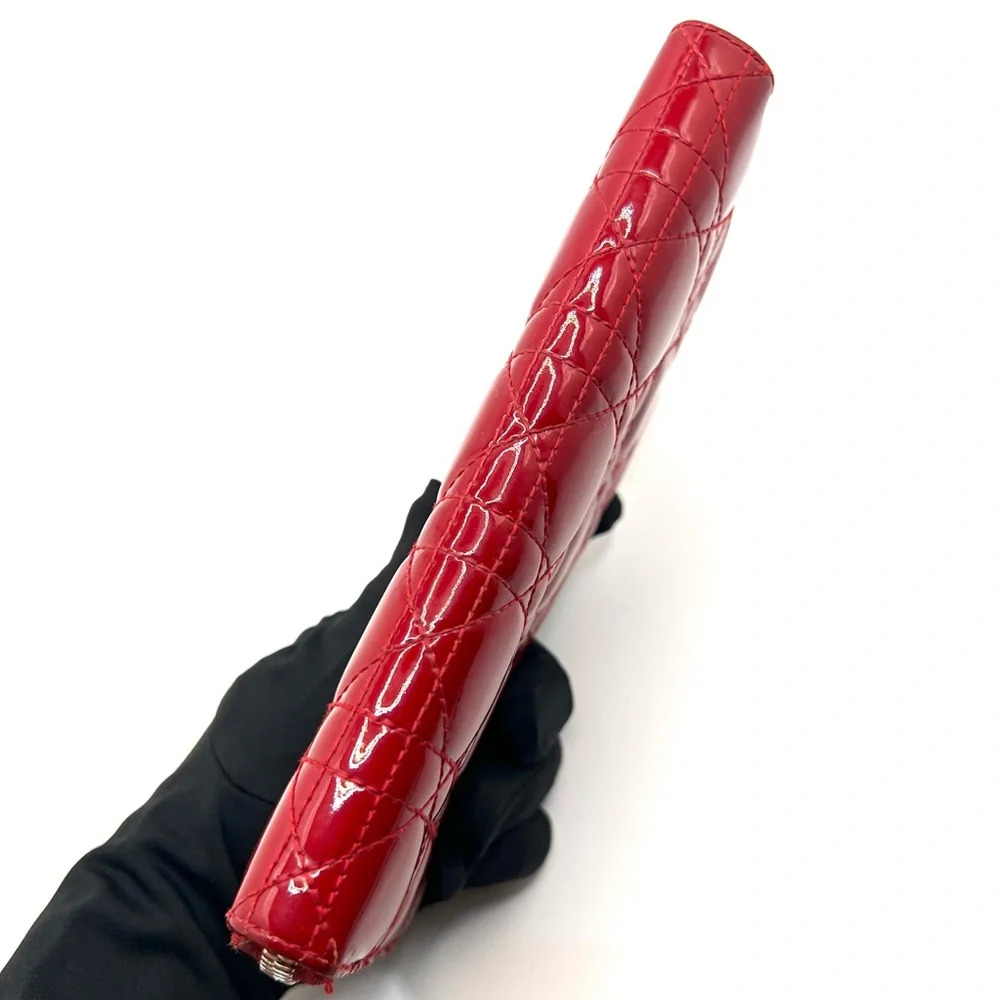 Authentic Christian Dior Cannage Red Patent Leather Zip Long Wallet